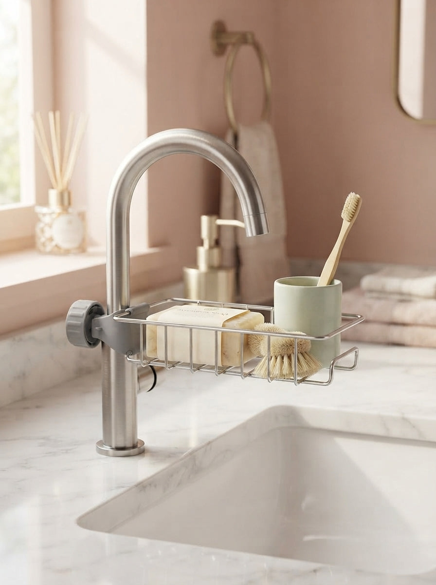 Minimalist sink caddy organizer on a marble countertop in a luxury bathroom with blush and cream decor.