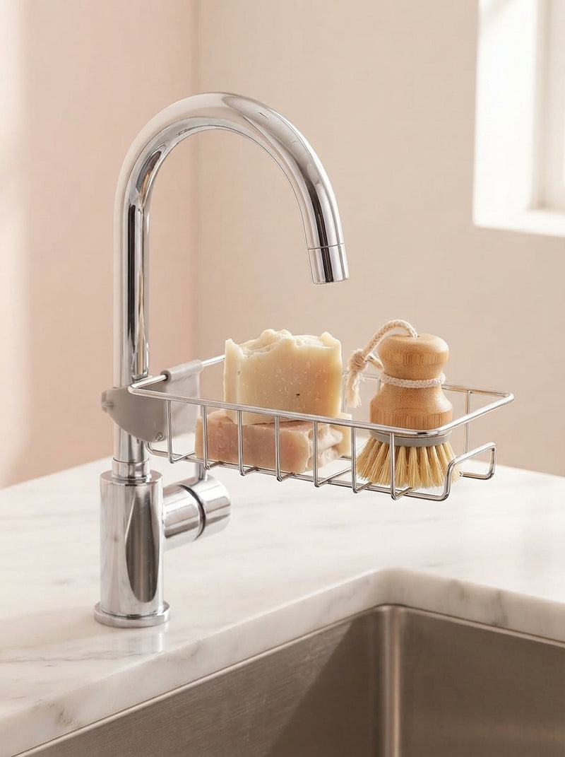 A sink caddy organizer holding soap and a wooden brush on a marble vanity in a bright, minimalist bathroom.